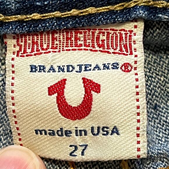 VTG TRUE RELIGION Low Rise Flared Leg Bobby Big T Distressed Jeans  Y2K  SZ 27P - Picture 7 of 10